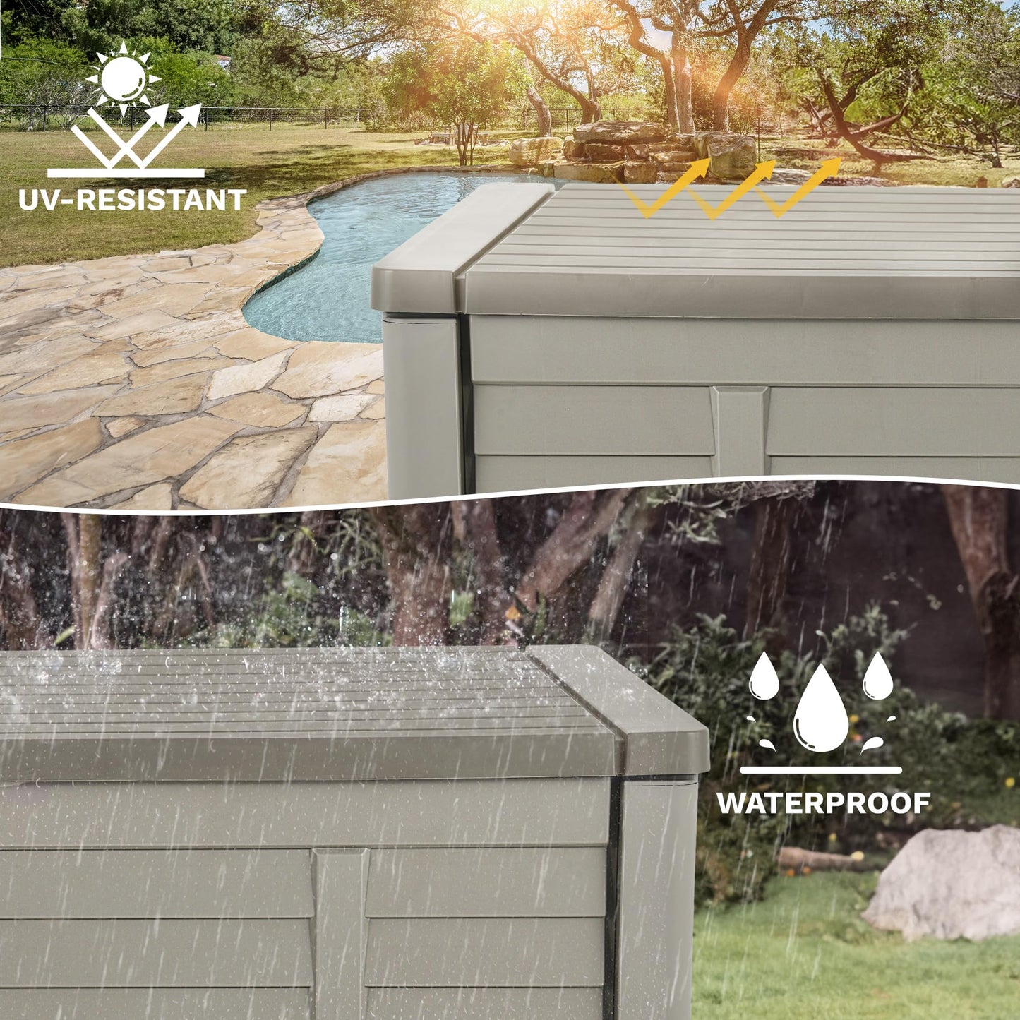 DWVO 120 Gallon Outdoor Storage Box, Large Resin Deck Box with Louver Design, Lockable Patio Storage Bin for Indoor and Outdoor Use, Pillows, Tools, and Pool Supplies -Light Brown