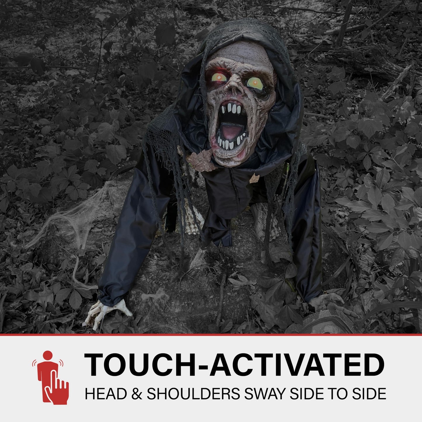 Haunted Hill Farm Scary Crouching Zombie, Halloween Animatronic with Touch Activated Lights and Sounds, Battery Operated Indoor or Covered Outdoor Halloween Decorations, Creepy Halloween Props