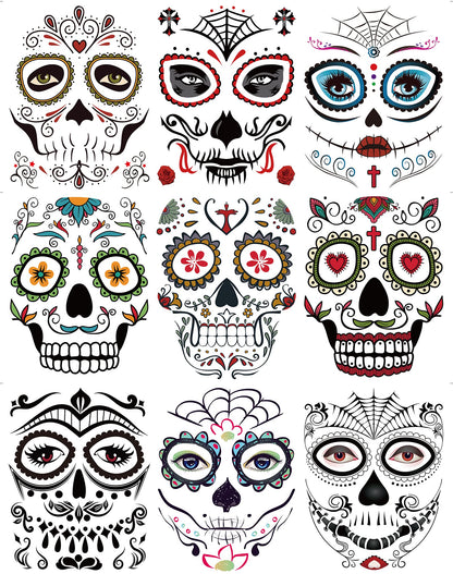 DaLin 9 Sheets Floral Day of the Dead Sugar Skull Temporary Face Tattoos for Halloween