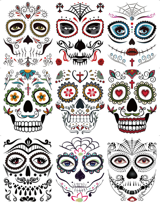 DaLin 9 Sheets Floral Day of the Dead Sugar Skull Temporary Face Tattoos for Halloween