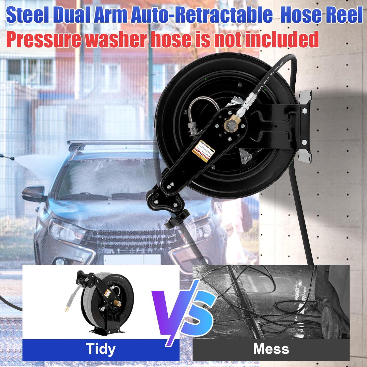 FIXFANS High Pressure Washer Hose Reel for Water/Air/Oil, 3/8" X 50 FT Steel Dual Arm Auto-Retractable Power Wash Hose Reel, Heavy Duty Hose Reel 4000 PSI