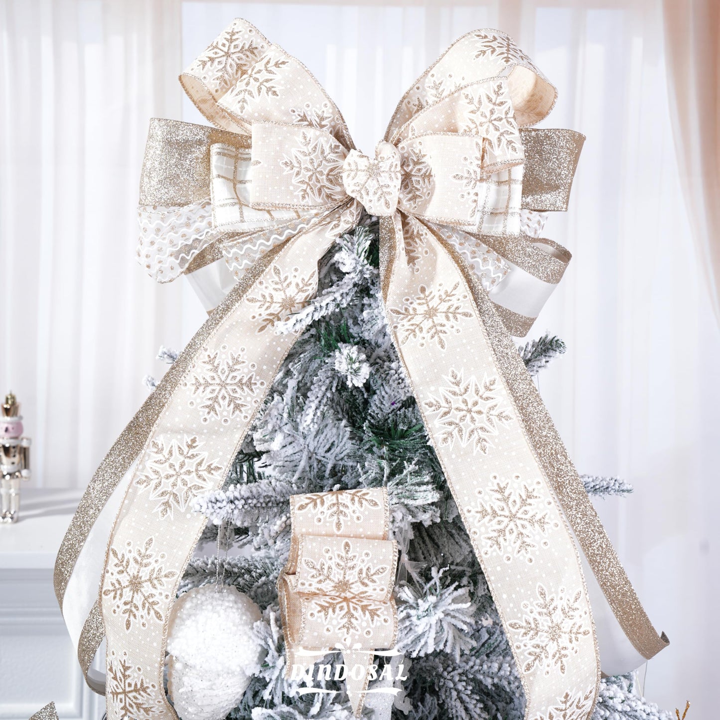 DINDOSAL Champagne Christmas Ribbon Wired 2.5 Inch, 6 Rolls 36 Yards Glitter Champagne Gold Christmas Tree Ribbon for Garland, Wreaths, Bows, Ribbon for Christmas Decor