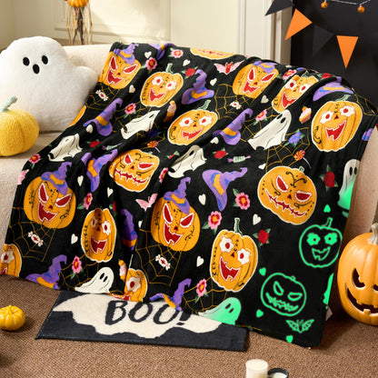 Joiedomi Halloween Blanket Soft Flannel Fleece Throw Blanket Glow in The Dark Halloween Pumpkin Ghost Bat for Kids Bed Living Room Gifts 50"×60"
