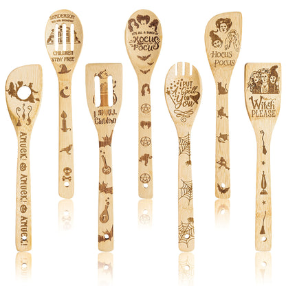 Eartim Halloween Wooden Cooking Utensil Set - 7Pcs Hocus Pocus Kitchen Cooking Gadget Natural Carve Bamboo Spoon Slotted Spatula Non-Stick Cookware Utensil Birthday Housewarming Gift Halloween Supply
