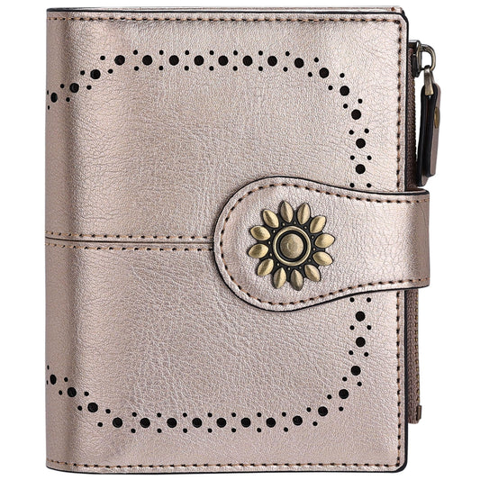 Lavemi Womens Leather Wallet Small Compact RFID Blocking Credit Card Case Purse with Zipper Pocket(Champagne Gold)