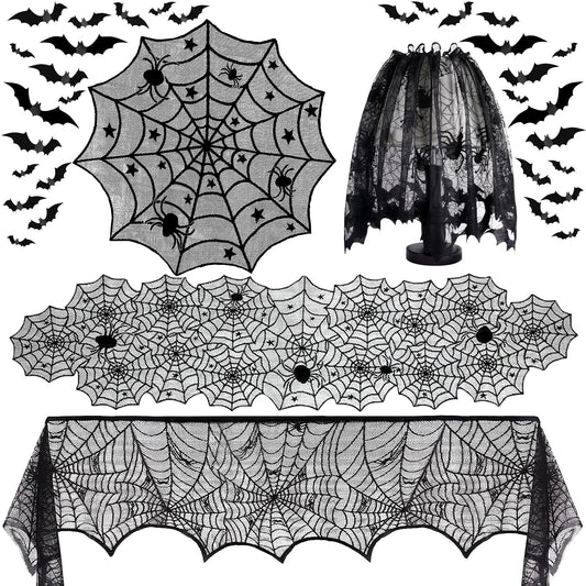 5Pack Halloween Decorations Indoor Halloween Decor Black Lace Table Runner Fireplace Mantel Scarf Round Tablecloth Cobweb Lampshade with 32 Pcs 3D Bat Wall Stickers