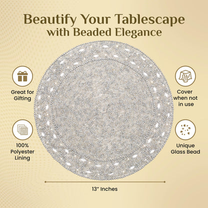13" Round Beaded Placemat - Handcrafted Glass Beads in White Silver - Luxury Dining Table Decor, Wedding & Housewarming Gift, Holiday Use Pack of 1 by ALPHA Living HOME