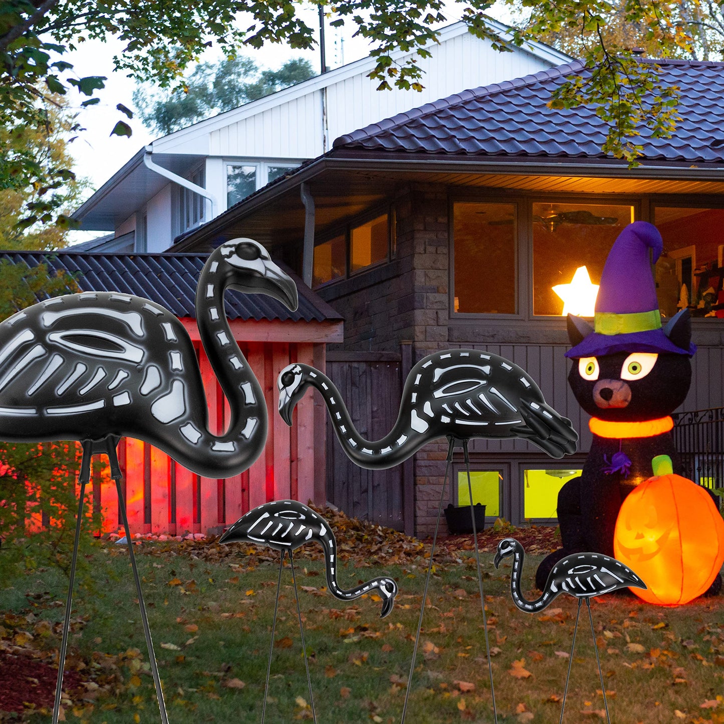 GIFTEXPRESS 2-Pack Halloween Black Flamingo Skeleton, Zombie Flamingos, Skull Flamingo with Stakes for Halloween Lawn Ornaments, Spooky Graveyard Decorations