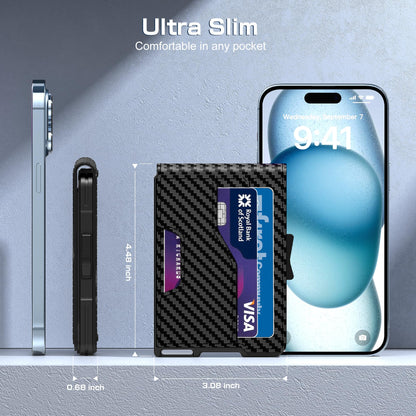 Kunlgro Wallet for Men - Pop Up Case, Cash Slot, and Credit Card Wallet - Slim Minimalist Aluminum Front Pocket Wallet with RFID Blocking/ID Window (Vertical Carbon Fiber)