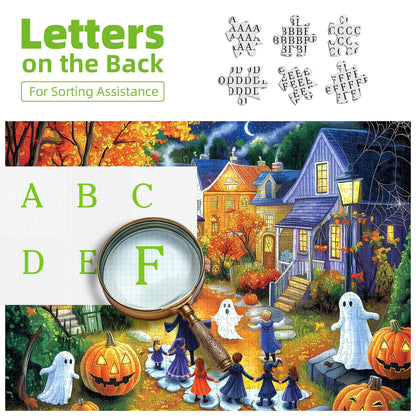 Halloween 1000 Piece Puzzle for Adults Jigsaw Puzzle Spooky Trick-or-Treat Scene with Pumpkins Ghosts & Haunted Houses Autumn Challenging Fun Family Game Night Puzzle with Poster（27"x20"）