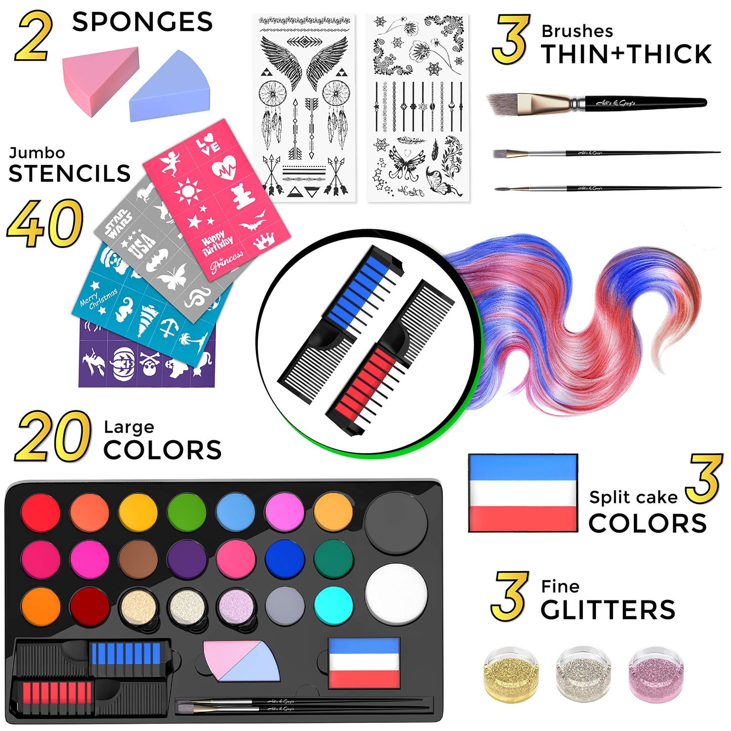 Face Paint Kit for Kids – 20 Washable Colors, Guaranteed Stain-Free, Paints 60+ Faces, Hair Chalk, Glitter, Brushes, Stencils, Non-Toxic, Perfect for Birthdays, Halloween, Parties