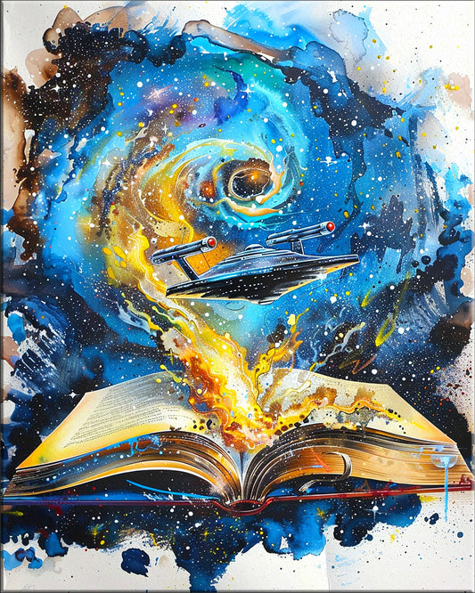 7Dots Art. Book with a story emerging from its pages. Wall Art (8 in by 10 in) - UNFRAMED. Art Print on Fine Art thick Watercolor (aquarelle) paper for book lovers, bookworms, bibliophiles, and book readers. Wall decor, poster. (space ship)