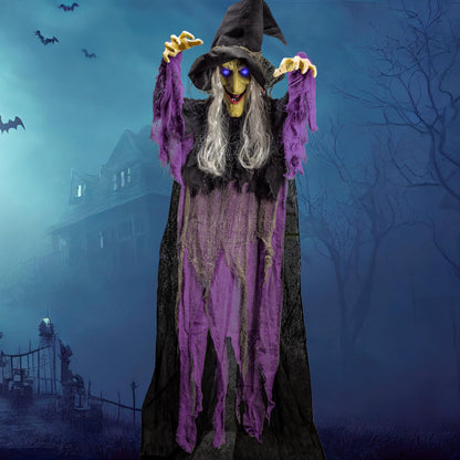 JOYIN 72” Halloween Hanging Witch Decorations Outdoor, Flying Talking Ghost Decor Light Up Eyes Sound Activated, Outside Indoor Haunted House Prop for Lawn Yard Garden, Purple