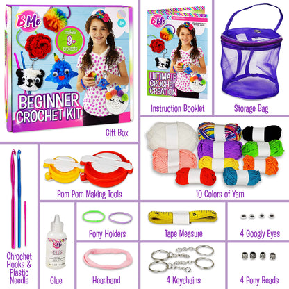 DIY All in One Crochet Knitting Kit for Beginners Starter Arts & Craft Set for Kids Teens Tweens & Adults – How to Learn Make Your Own Yarn Pom Poms – Birthday Gift for Kids Ages 8+