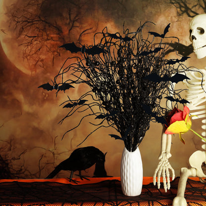 16 Pcs Artificial Halloween Branches Picks Ornaments with 12 Pcs Bats- Fake Black Berry Stems Curly Willow Branches- Faux Glitter Black Berries Twig Stems Sticks for Halloween Christmas Home Decor