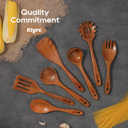 KLYRO Kitchen Utensils Set, 7 Piece Premium Cooking Utensils Set, Durable Non-Stick Wooden Spoons for Cooking, Kitchen Essentials for New Home