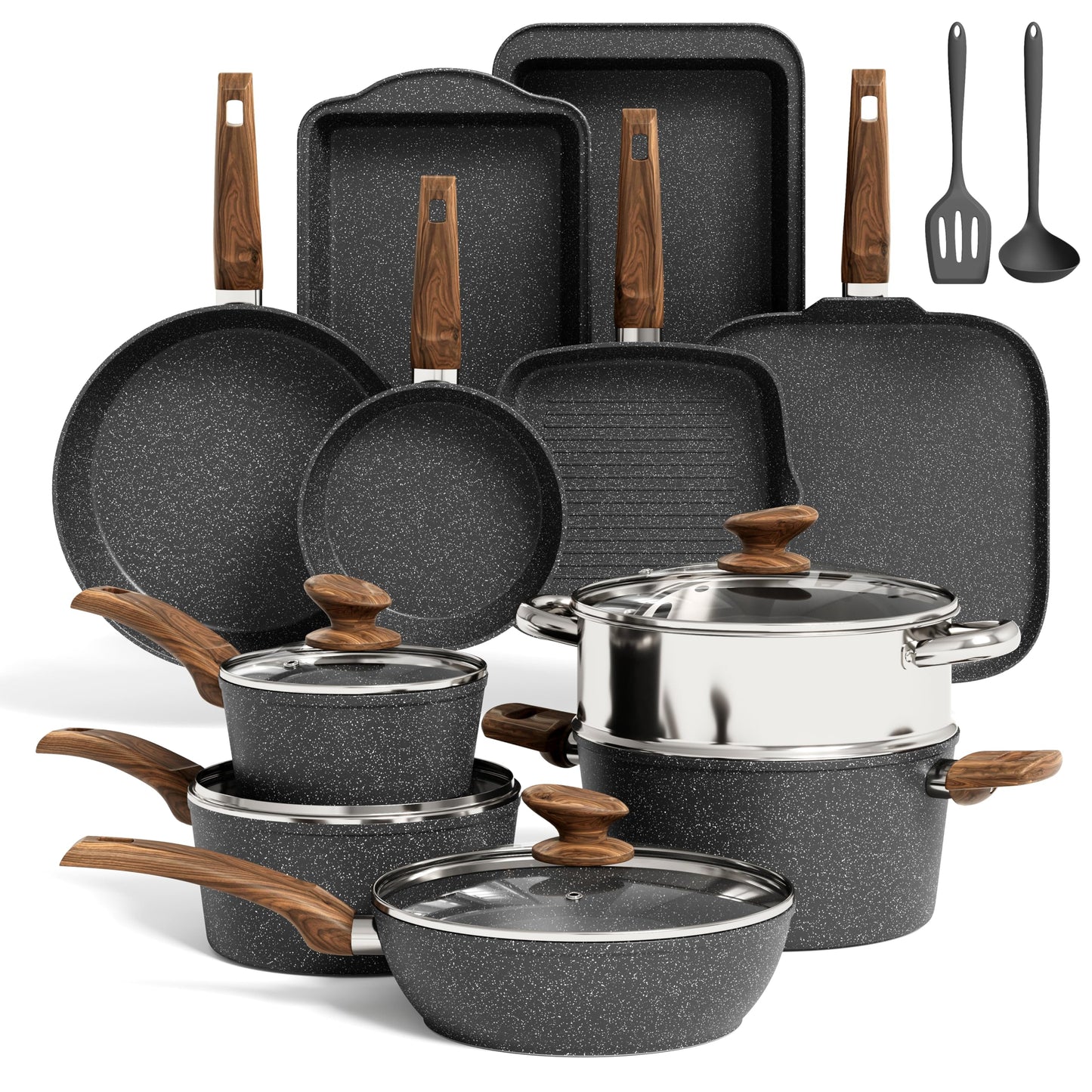 Kitchen Academy Induction Cookware Set-17 Piece Non-stick Cooking Pan Set, Black Granite Pots and Pans Set