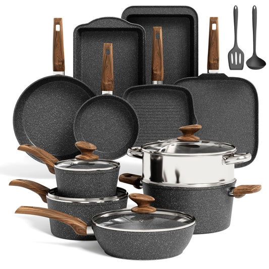 Kitchen Academy Induction Cookware Set-17 Piece Non-stick Cooking Pan Set, Black Granite Pots and Pans Set