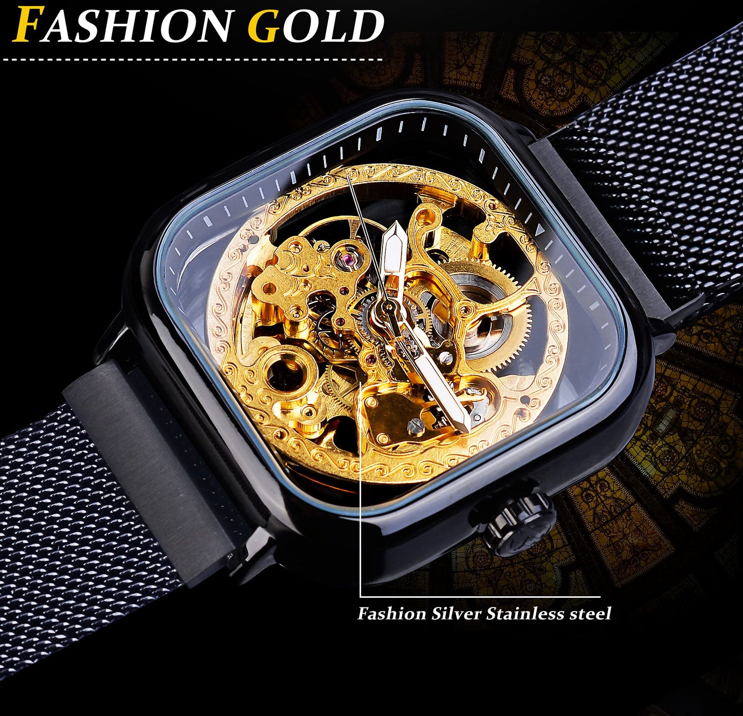 FORSINING Square Automatic Watches Mechanical Wrist Watch Black for Mens Skeleton Watches with Stainless Steel Transparent Dial with Royal Flower Movement Carving