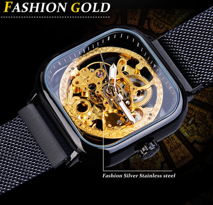 FORSINING Square Automatic Watches Mechanical Wrist Watch Black for Mens Skeleton Watches with Stainless Steel Transparent Dial with Royal Flower Movement Carving