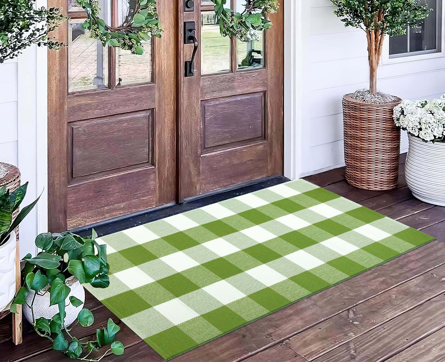 Green and White Buffalo Outdoor Rug 24''x51''Checkered Plaid Front Porch Rug Cotton Woven Machine Washable Door Mat Outdoor for Layered Doormat Hello Welcome Door Mat Kitchen Farmhouse Entryway