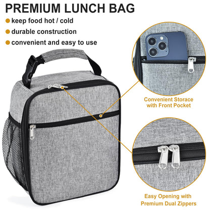 IWTTWY Insulated Lunch Bag, Leakproof Portable Lunch Box for Women Men Boys Girls, Large Capacity Cooler Bag with Handle and Bottle Pocket for Office School Camping Hiking Outdoor Beach Picnic (Grey)