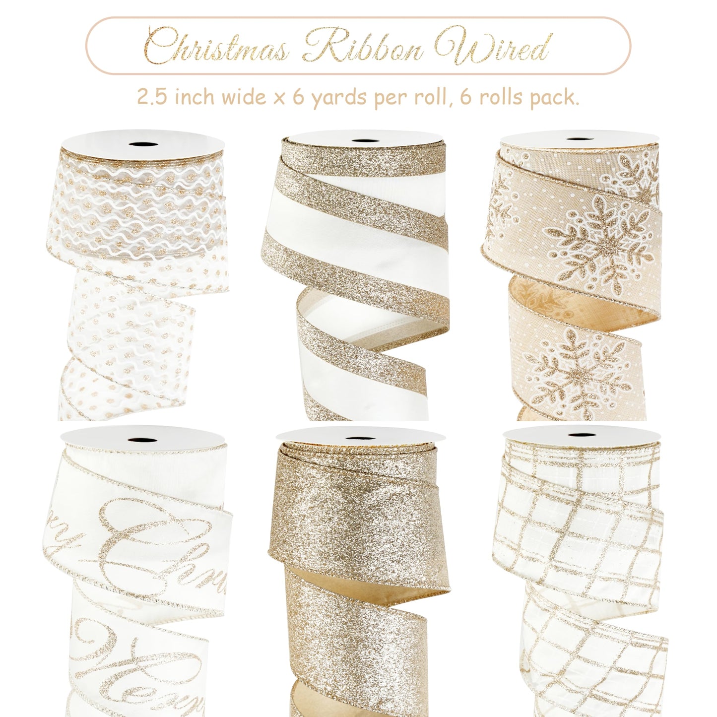 DINDOSAL Champagne Christmas Ribbon Wired 2.5 Inch, 6 Rolls 36 Yards Glitter Champagne Gold Christmas Tree Ribbon for Garland, Wreaths, Bows, Ribbon for Christmas Decor