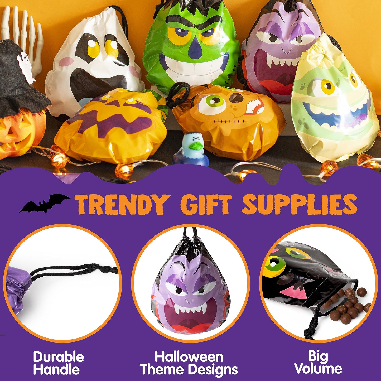 JOYIN 60PCS Halloween Drawstring Treat Bags, Trick or Treating Goodie Candy Small Plastic Gifts Bags Bulk in 12 Cute Monster Designs, Kids Halloween Party Favors Supplies