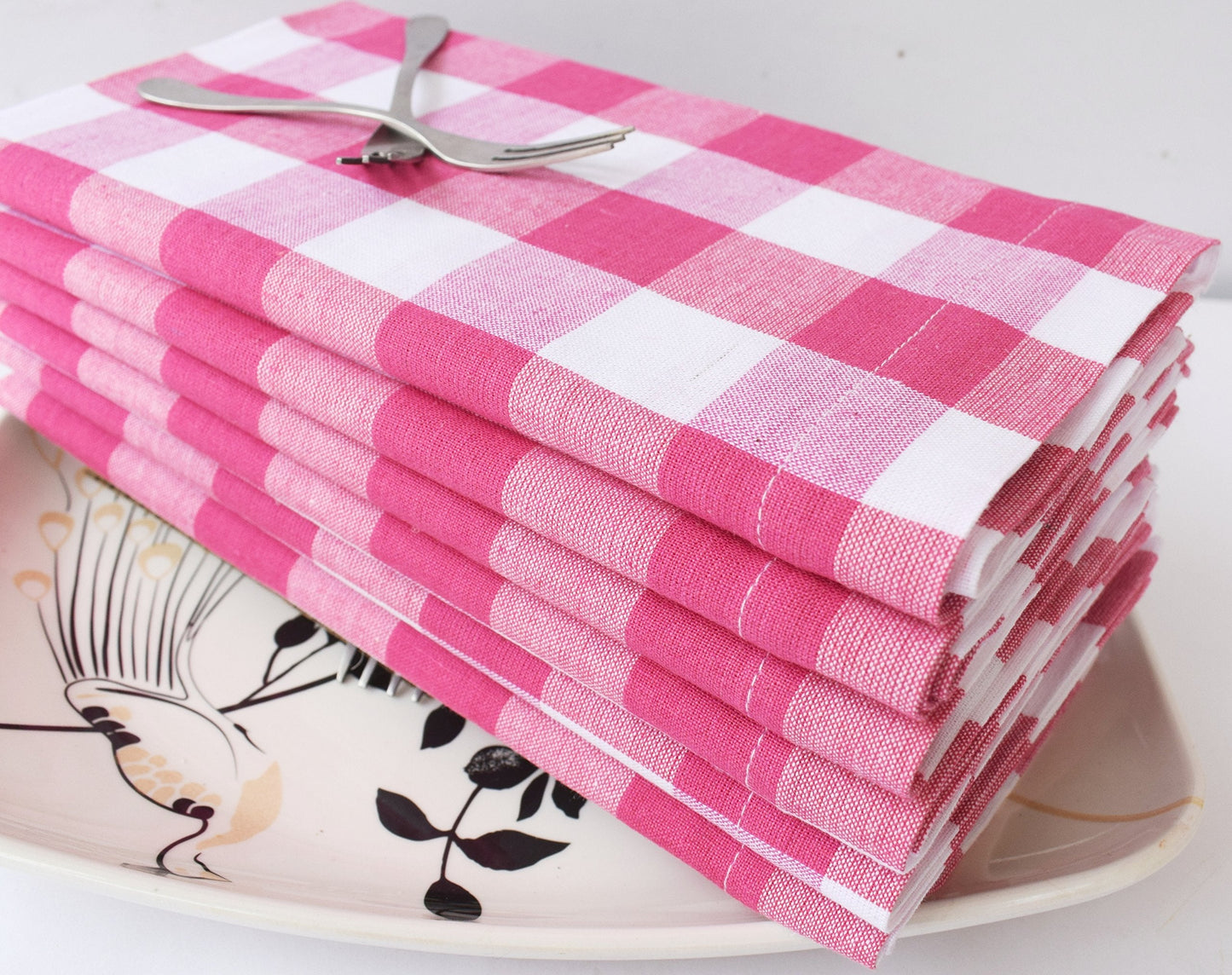 12Pack 100% Cotton Yarn Dyed Gingham Check Dinner Napkins 18x18Inch,Clambake Beach Party Nautical Dinner Napkins as Well, Color Pink/White