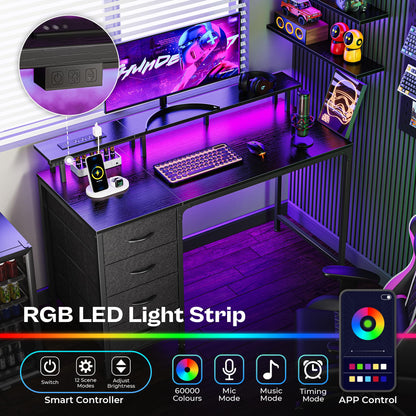 Huuger 47 Inch Computer Desk with Power Outlets and LED Lights, Gaming Desk with 4 Drawers, Office Desk with Monitor Stand, Study Work Home Office, Small Spaces, Black