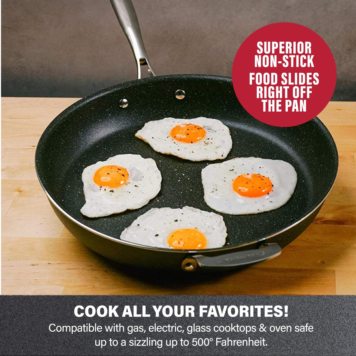 Granitestone 14 Inch Pan for Cooking, Family Sized Large Non Stick Frying Pans Nonstick Frying Pan Skillet for Eggs, Omelette, with Helper Handle, PFOA PFOS Free Oven & Dishwasher Safe