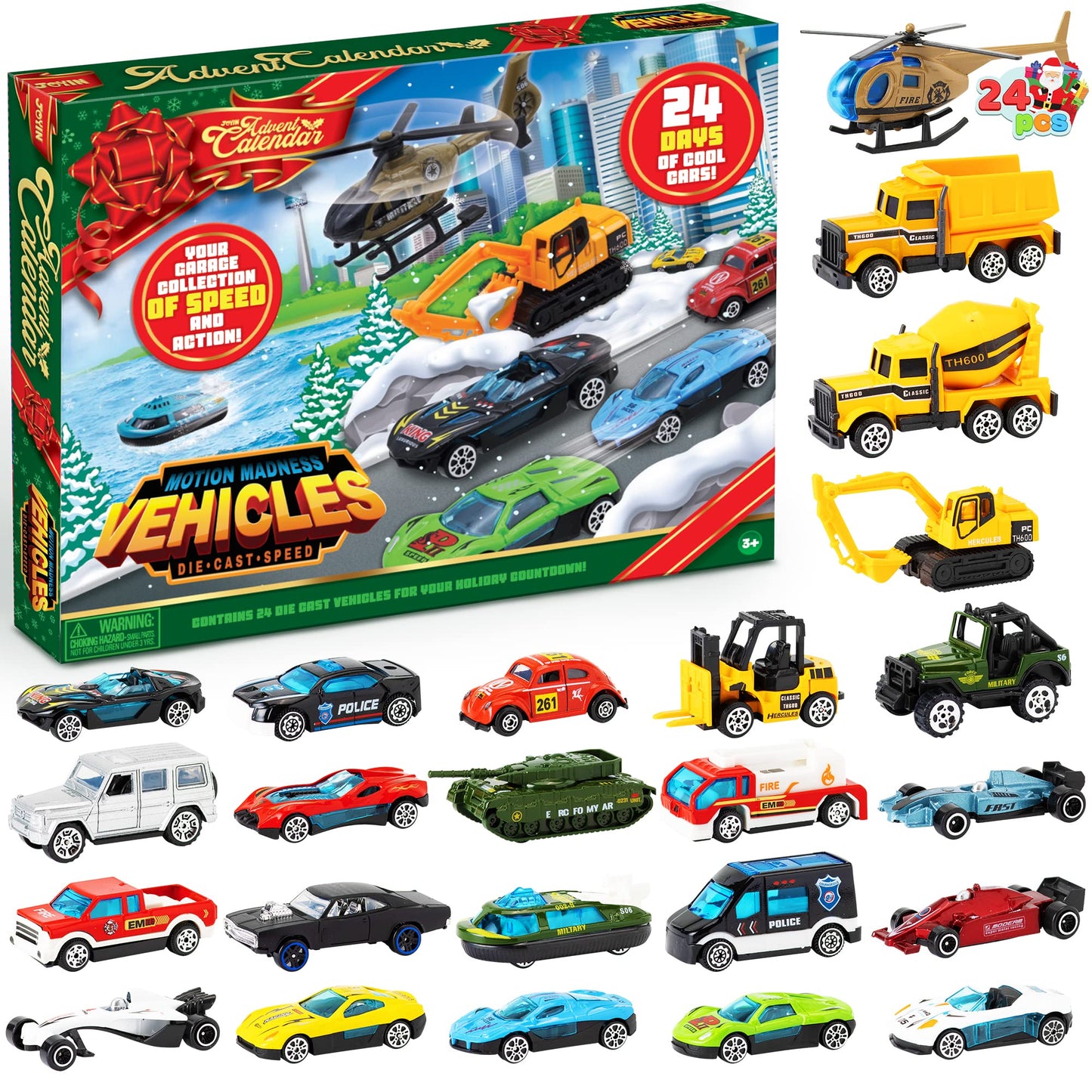 JOYIN 2025 Christmas Advent Calendar, 24 Days Countdown Calendar Diecast Cars Set, Christmas Vehicles Toys for Boys Kids, Classroom Prizes Xmas Gift, Xmas Party Favor Gifts, Advent Calendar Kids