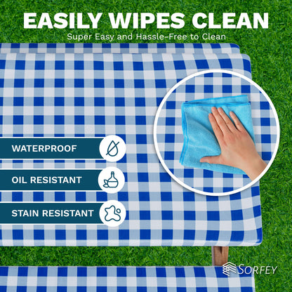 Sorfey Picnic Table Cover with Bench Covers -Fitted with Elastic, Vinyl with Flannel Back, Fits for Table 30"x 72" Rectangle,Water Proof, Checked red Design