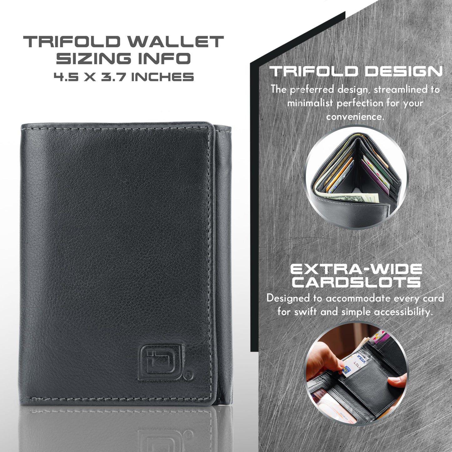 ID Stronghold Men's Leather Trifold Wallet - RFID Blocking - Black Wallet with Gift Box
