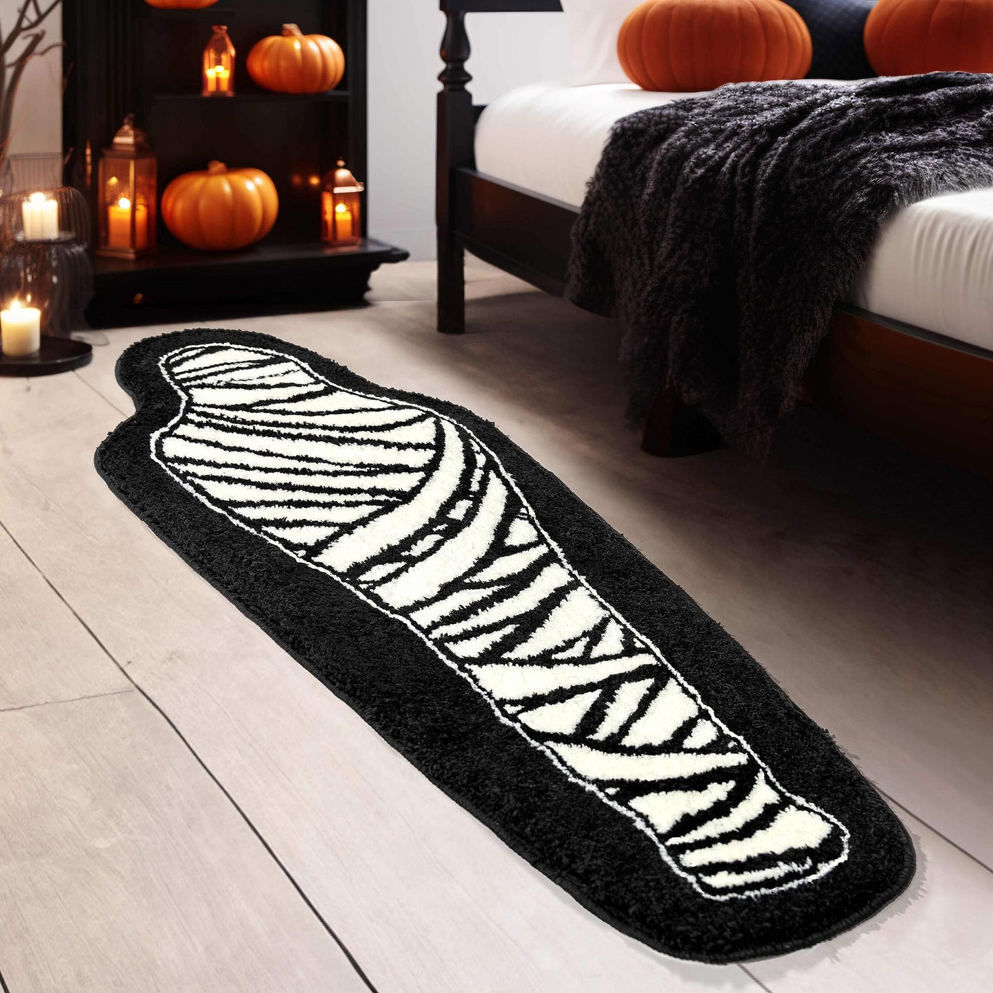 Halloween Bathroom Rug Black and White Horror Decorations Non Slip Coffin Bath Mats for Bathroom Bedroom Cute Runner Gothic Home Decor Scary Funny Mummy Carpet 18x47 inch