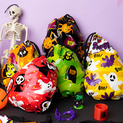 JOYIN 60PCS Halloween Drawstring Goody Treats Bags for Halloween Trick or Treating, Plastic Candy Goodie Bags Bulk for kids Party Favor Supplies, School Classroom Exchange Gifts in 12 Designs