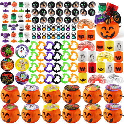 JOYIN 144 PCS Halloween Toy Gifts for Kid Trick or Treating, 24 Pack Prefilled Mini Pumpkin Buckets with Spider Ring, Popper, Spring, Vampire Teeth and Spinning Top, Halloween Party Favors Supplies