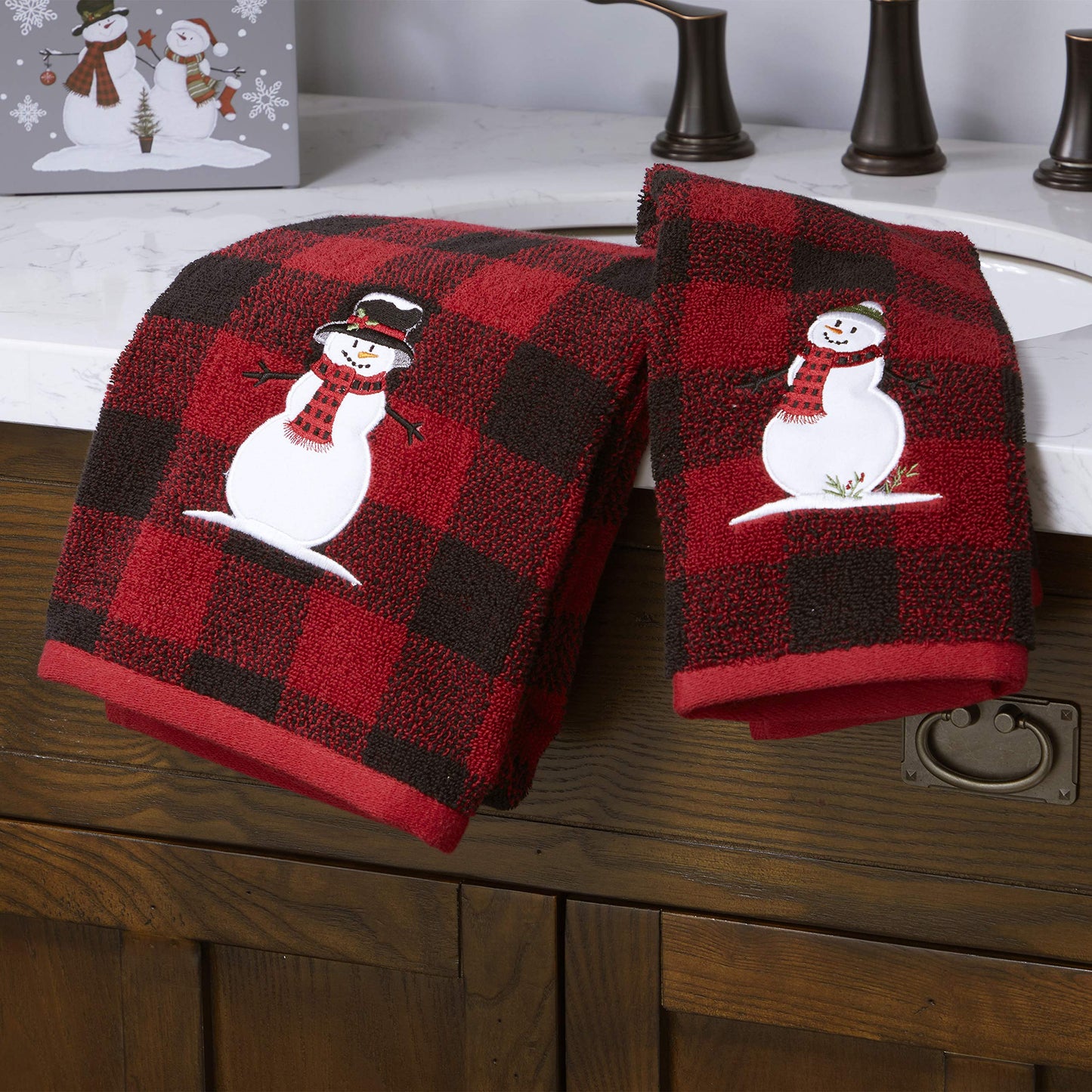 SKL Home Christmas Woodland Winter Snowman Hand Towel 2pc Set for Bath/Kitchen & Gift, Red