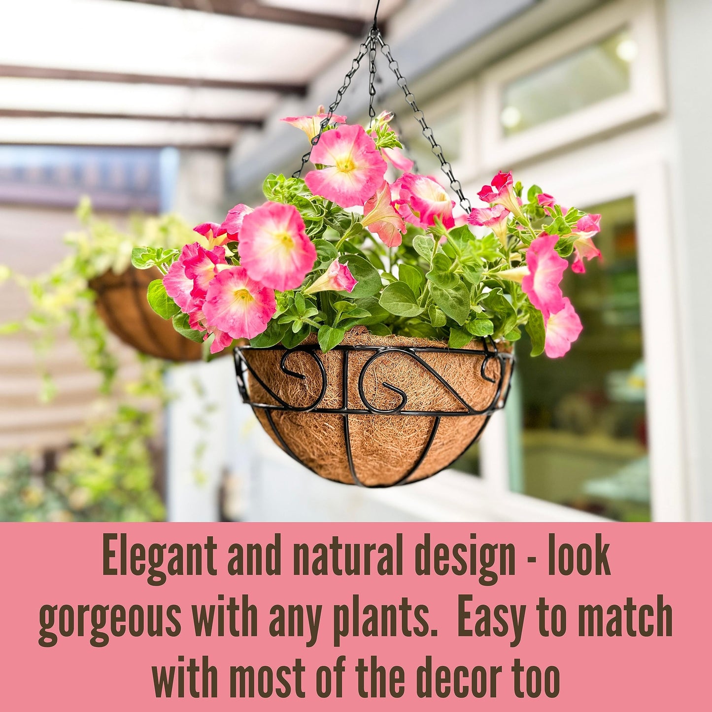 LaLaGreen Hanging Planter for Outdoor Plants (12 Inch, 2 Pack) Hanging Baskets with Coco Liner, Black Metal Wire Flower Basket Pots with Hook Hanger Balcony Porch Farmhouse Country Style Garden Decor