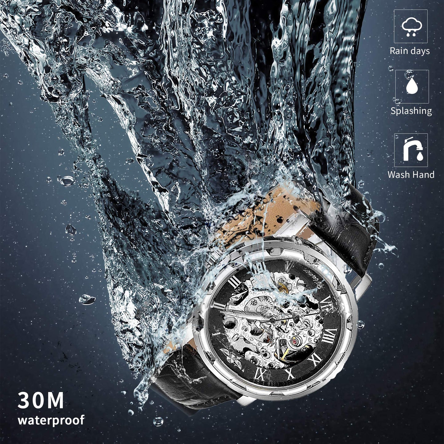 GLEIM Men's Watch, Mechanical Skeleton Steampunk Design Automatic Self-Winding Roman Numeral Silver Case PU Leather Wrist Watch