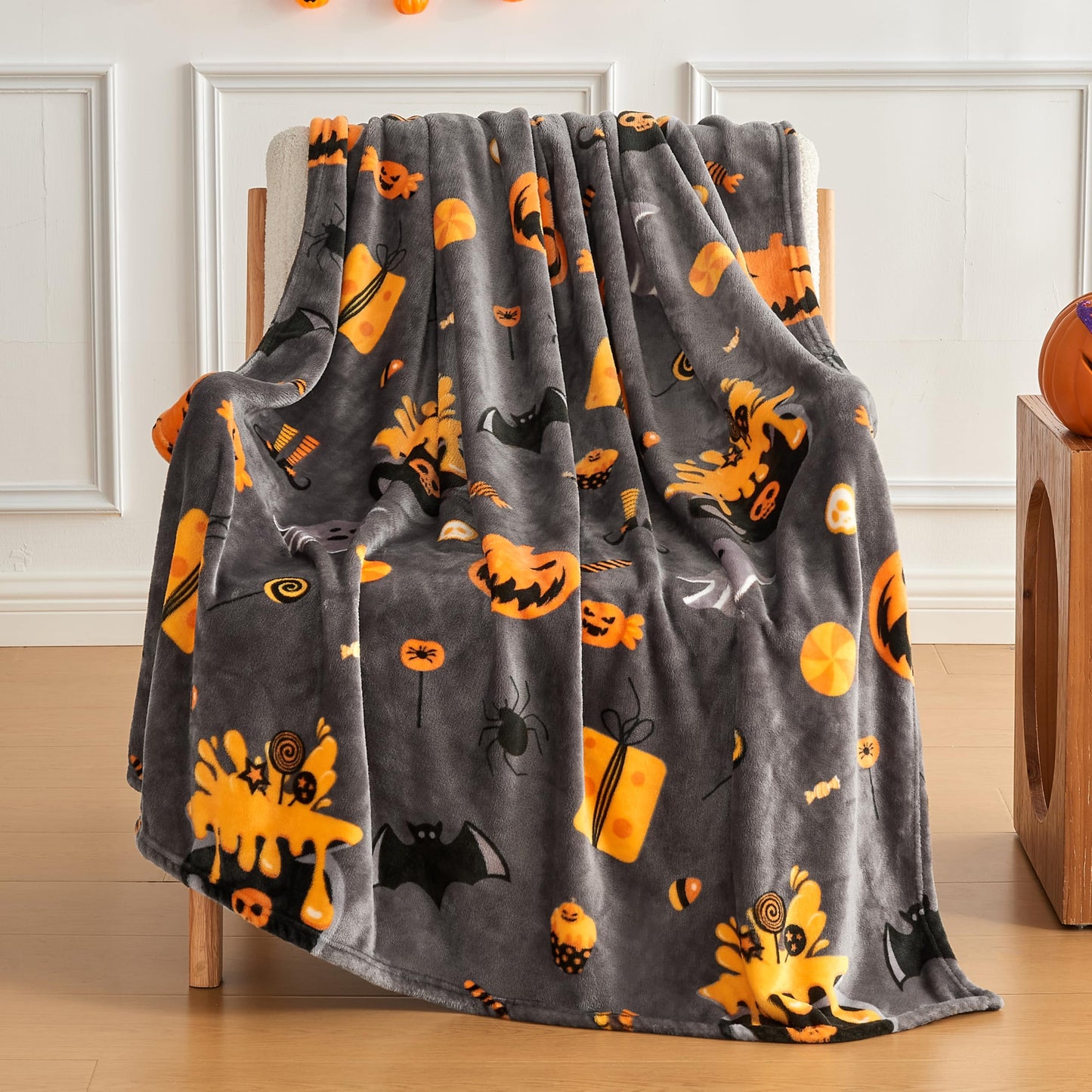 Edenleaf Halloween Blanket with Spooky Pumpkin Bat Ghost Spider Print, Soft Cozy Halloween Throw Blanket for Couch Bed Gifts Home Decoration, Fuzzy Warm Fleece Throws 50"x60" (Grey)