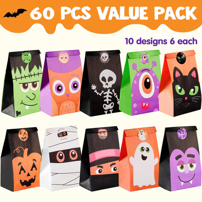 JOYIN 60 PCS Halloween Treat Bags, Goodie and Candy Bags with Stickers Party Supplies Trick or Treat for Kids Halloween Party Favors Exchange, Holiday Pastries Supplies