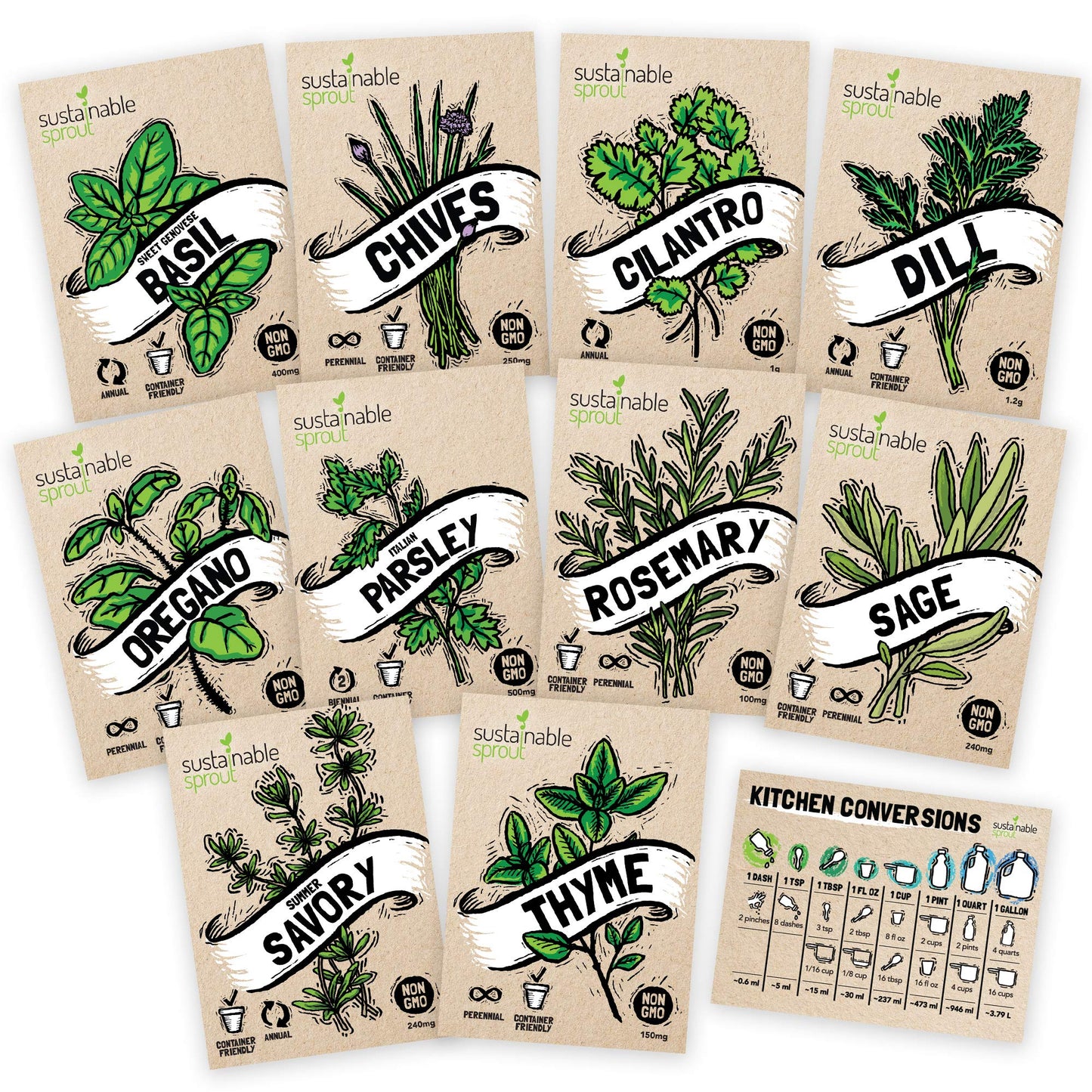 Culinary Herb Seeds Variety Pack: 10 Spice Herbs, Hydroponic Garden Indoors, Heirloom Planting Basil, Parsley, Sage, Thyme, Rosemary, Cilantro, Chives Dill Oregano, Summer Savory by Sustainable Sprout