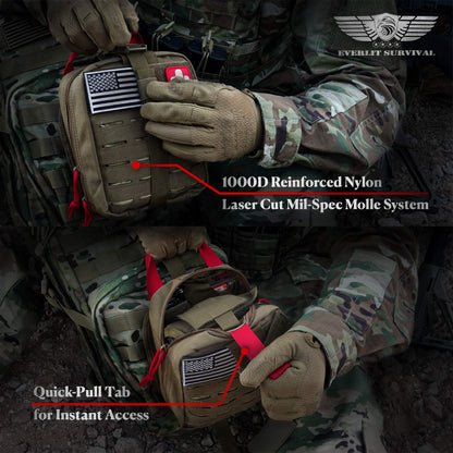 EVERLIT Advanced Emergency Trauma Kit, CAT GEN-7 Tourniquet Mil-Spec Nylon Laser Cut Pouch with 36" Splint, Military Combat Tactical IFAK for First Aid Response Bleeding Control (Coyote Brown)