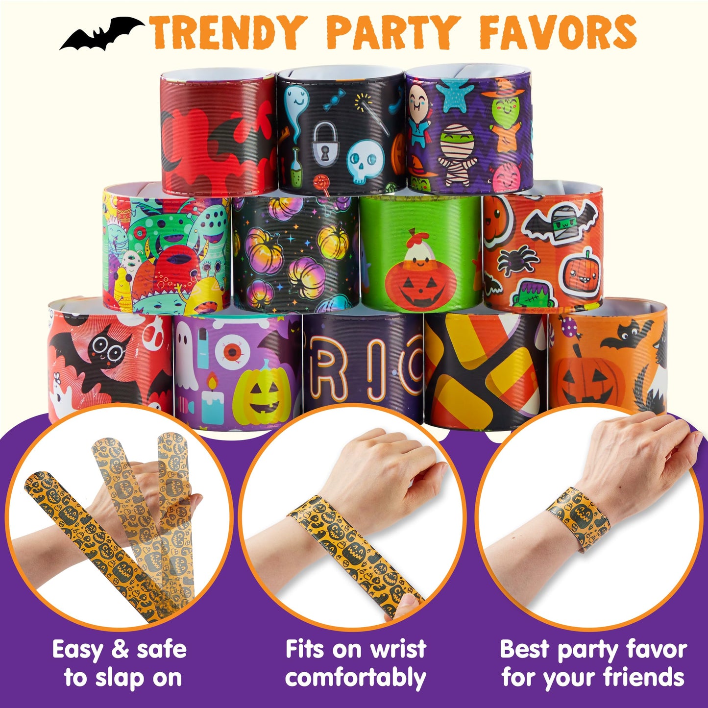 JOYIN 72 PCS Halloween Slap Bracelets for Kids Gift, 36 Different Design Bracelets Bulk for Halloween Party Favor Supplies, Friendship Bracelets for Halloween Goodie Bag Fillers