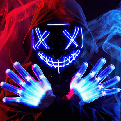 JOYIN Halloween Led Light Up Scary Mask and Gloves for Halloween Cosplay Costume (Blue), 3 Modes Glow in The Dark Mask for Adult Women Men Boys Girls Trick or Treat, Party Dress Up Accessories Gifts
