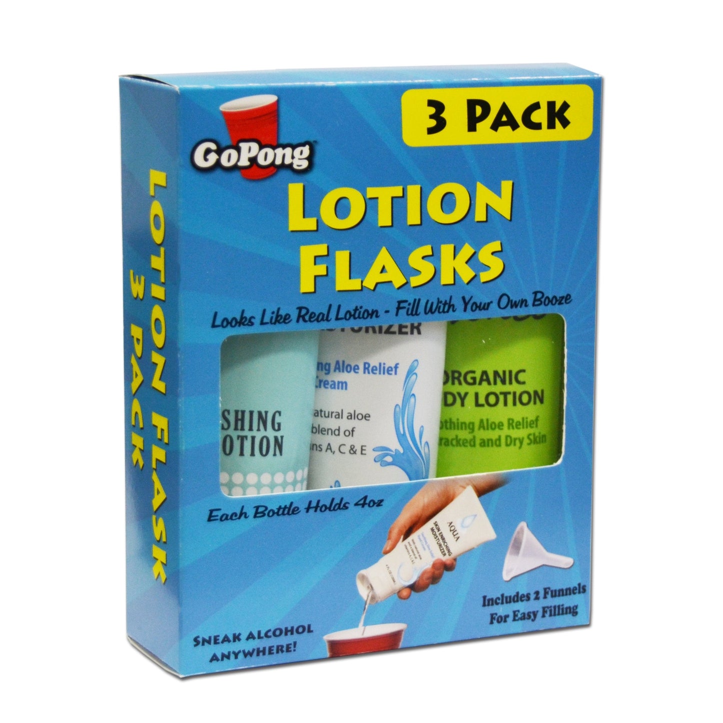 GoPong Lotion Flask 3 Pack (12 oz Total) - Hidden Alcohol Travel Flasks – Secret Liquor Containers for Beaches, Cruises, and Sports Events – Includes Funnel & Spout