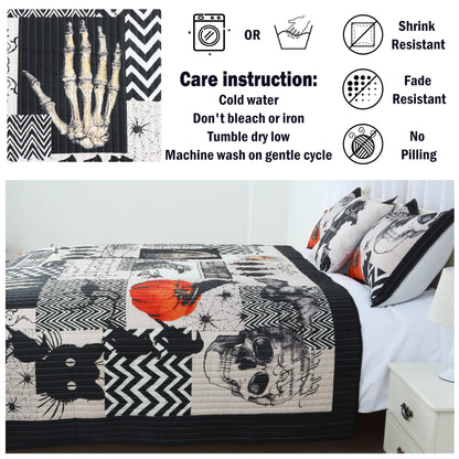 Cmfshape Halloween Bedspread,Black Quilt Set Queen Size,Pumpkin Ghost Festival Themed Bedding Set,Decorative Quilted 4 Piece Coverlet Set with 3 Pillow Shams(Black,Queen90 x90)