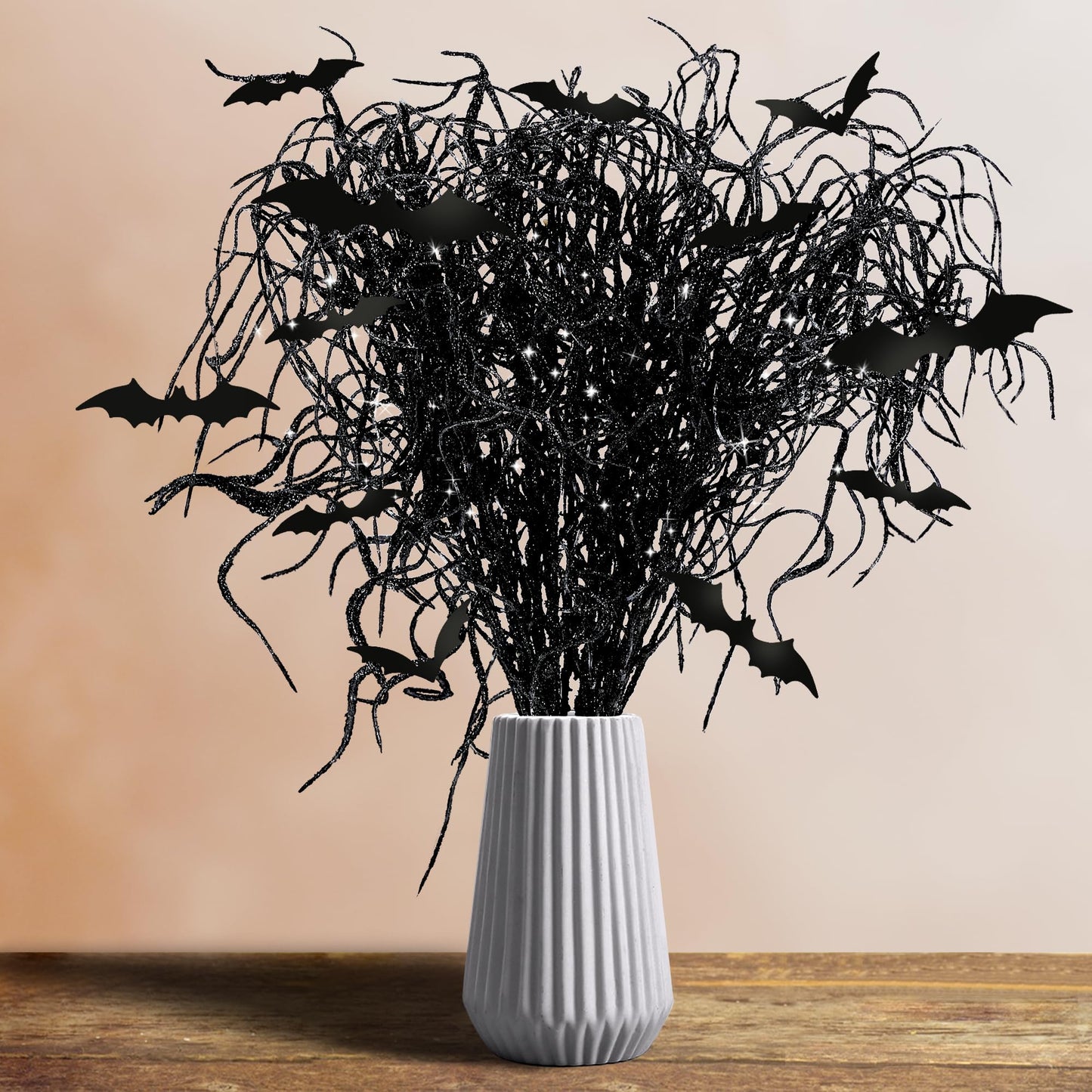 24 Pcs Halloween Artificial Curly Willow Branches with 12 Pcs Bats- Fake Black Bat Halloween Branches Picks- Glitter Artificial Black Twig Stems Sticks for Holiday Tree Vase Home Decor