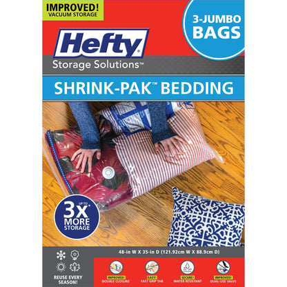 Hefty Shrink-Pak Vacuum Storage Bags - Space Saver for Under Bed Storage, Clothing and Comforters, Odor Resistant, 3X More Storage Space - 3 Jumbo Bags
